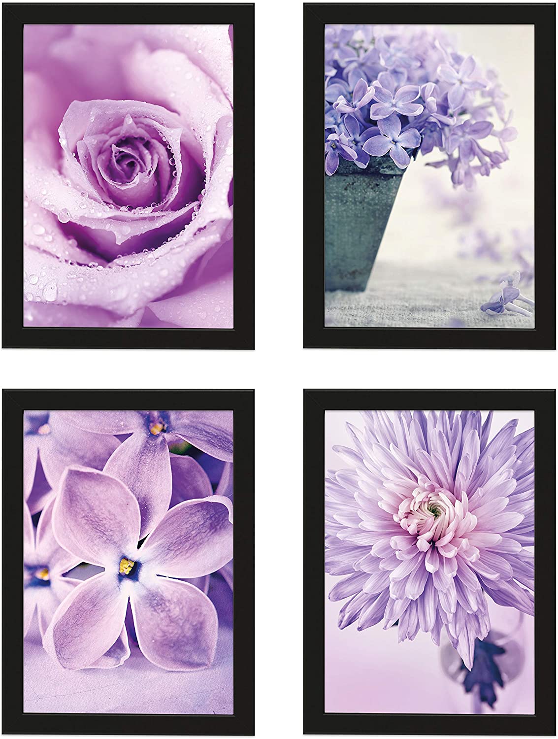 PICSonPAPER Poster 4er-Set Flowers, schwarz gerahmt DIN A4, Kunstdrucke, Poster, Dekoration, Wandbild, Geschenk, Blumen, Blüten (Schwarz gerahmt DIN A4)