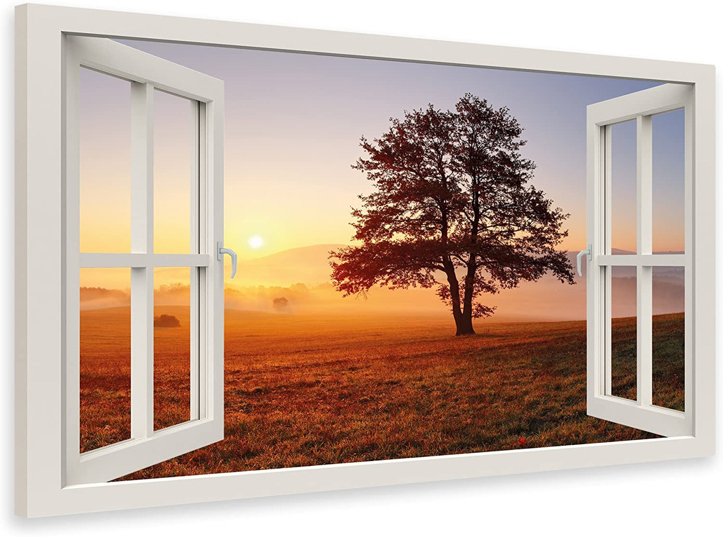 PICSonPAPER Leinwandbild Fenster Sonnenaufgang Baum Feld, 40 cm x 30 cm, Dekoration, Kunstdruck, Wandbild, Geschenk, Leinwand Natur