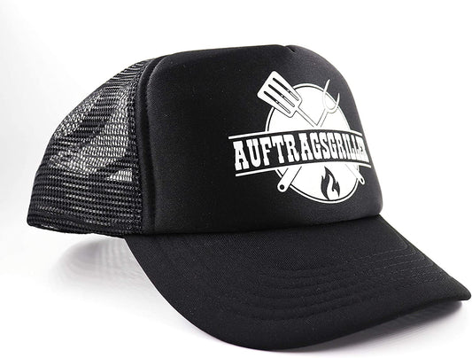 PICSonPAPER Herren Mesh Cap schwarz mit weissem Aufdruck/Print Auftragsgriller, Cap mit Spruch, Cap mit Grafik Grillen