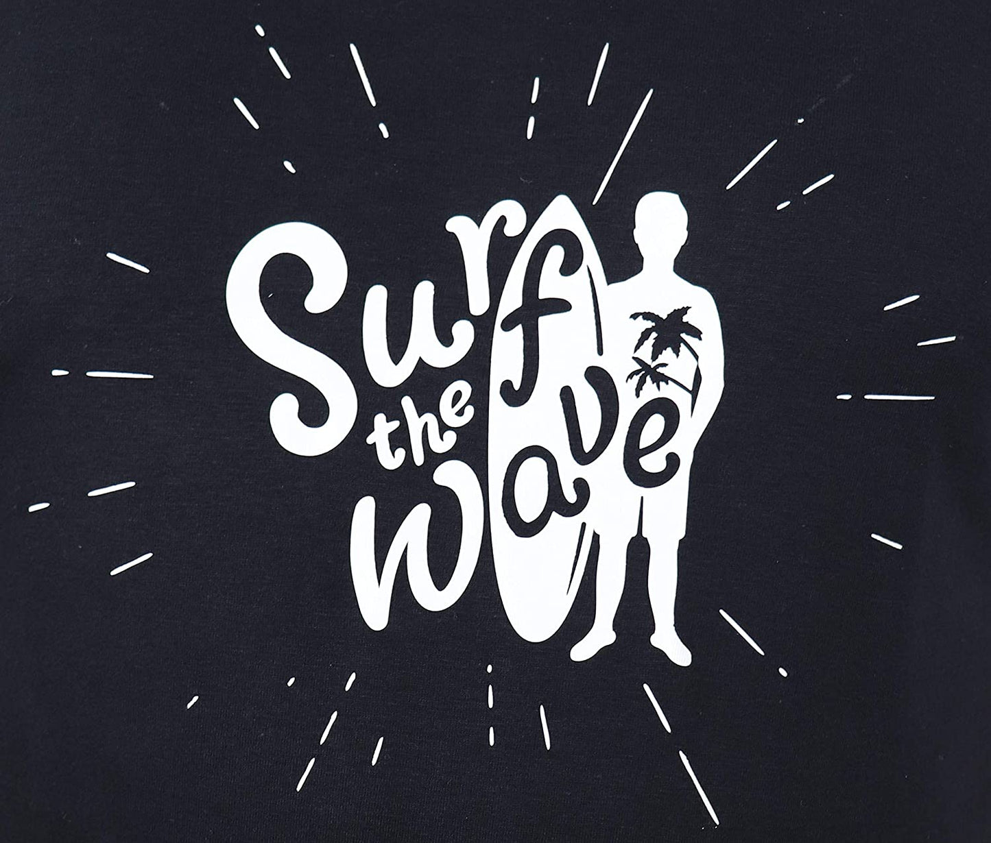 Surf-T-Shirt, Schwarzes T-Shirt mit weissem Aufdruck Surf The Wave, Surfgrafik, Surfer (Surf The Wave, XS)