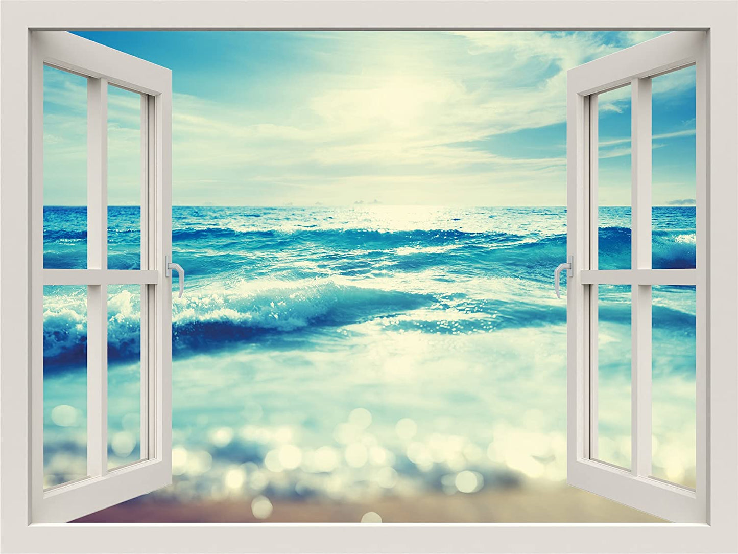 PICSonPAPER Leinwandbild Fensterblick zum Meer, 100 cm x 70 cm, Dekoration, Kunstdruck, Wandbild, Geschenk, Leinwand Natur, Meer, Strand, Sonne (100 cm x 70 cm)
