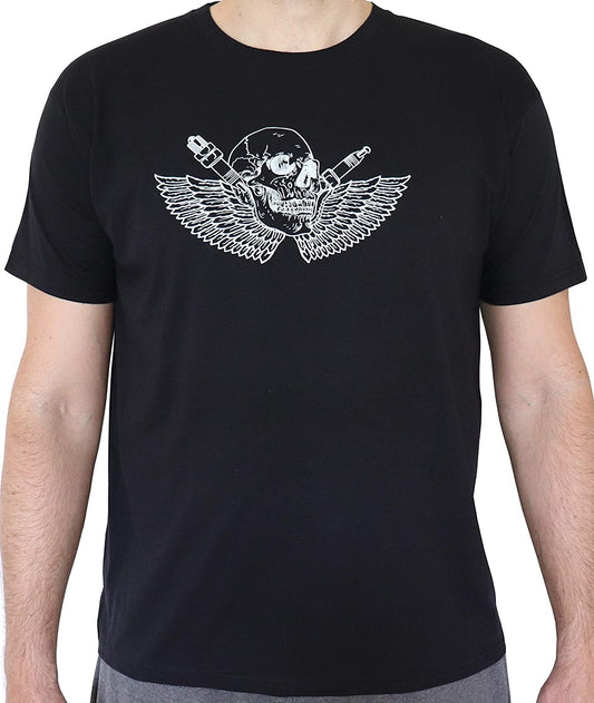 T-Shirt Totenkopf mit Flügel und Zündkerzen, Funshirt, Trinken, Skull with Wings