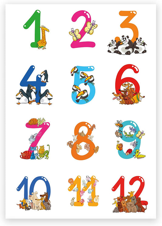 Hochwertiges Lernposter für Kinder Tierische Zahlen, 50 cm breit x 70 cm hoch, Dekoration, Kunstdruck, Wandbild, Fineartprint, Wandposter Poster für Kinderzimmer, Zahlenposter, Zählen lernen Poster