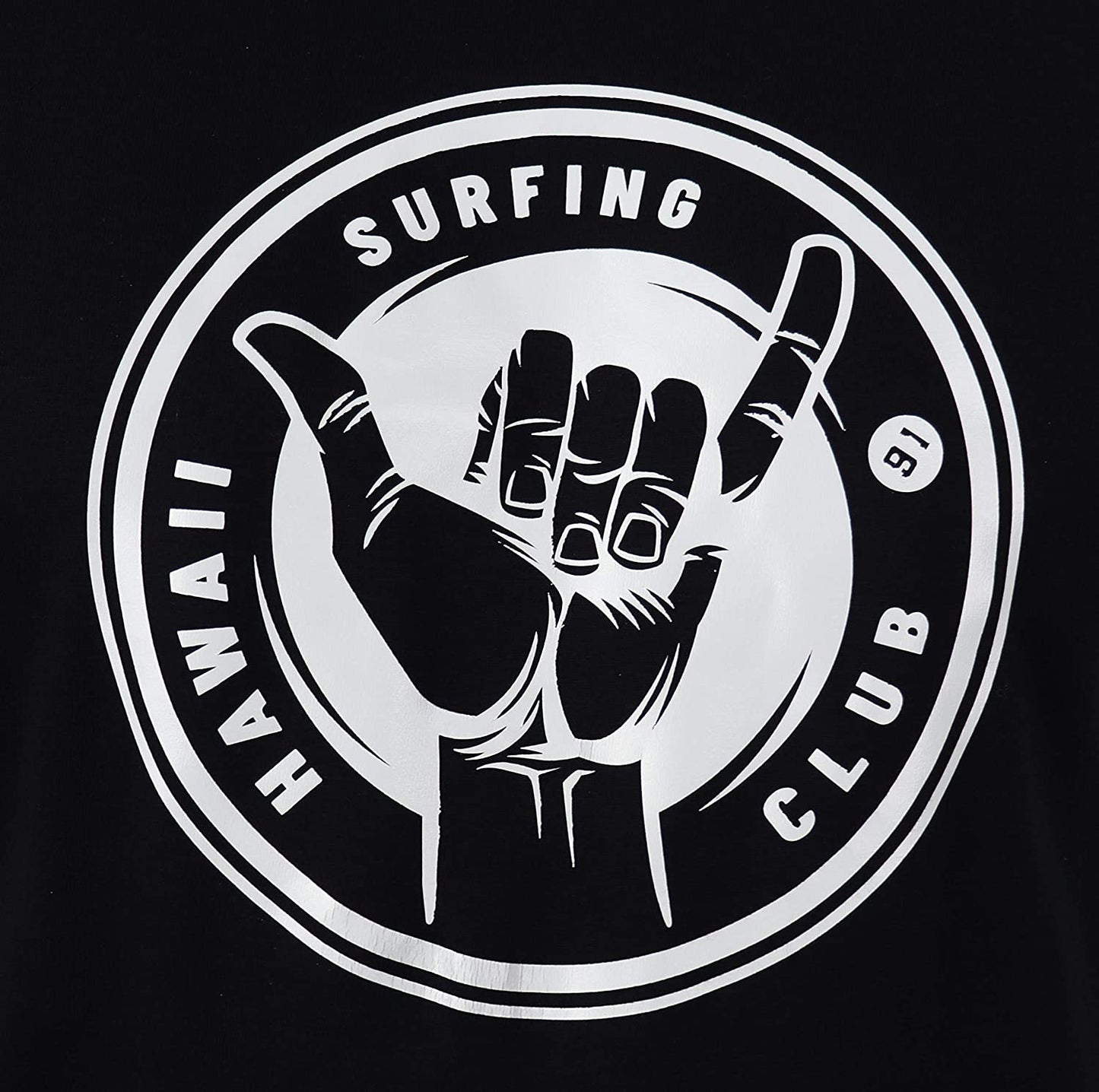 Surf-T-Shirt, Schwarzes T-Shirt mit weissem Aufdruck Hawaii Surfing Club Shaka, Surfgrafik, Surfer (Surfing Club
