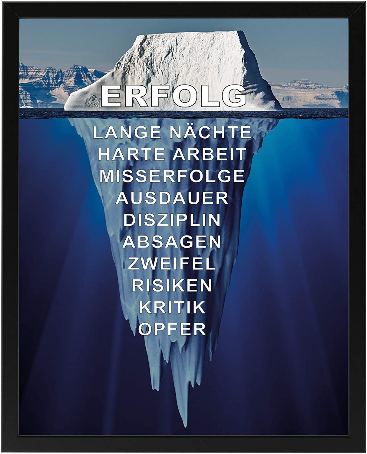 PICSonPAPER Motivations-Poster 40 cm x 50 cm, Eisberg des Erfolgs mit schwarzem Bilderrahmen, Poster mit Rahmen (40 cm x 50 cm)