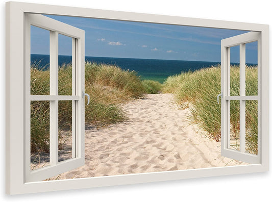PICSonPAPER Leinwandbild Fenster zum Strand, 60 cm x 40 cm, Dekoration, Kunstdruck, Wandbild, Geschenk, Leinwand Natur, Nordsee