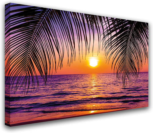 PICSonPAPER Hochwertiges Leinwandbild Sonnenuntergang Palmen, 70 cm x 50 cm, Dekoration, Kunstdruck, Wandbild, Strand, Sommer, Karibik, Palmen, Premium Qualität