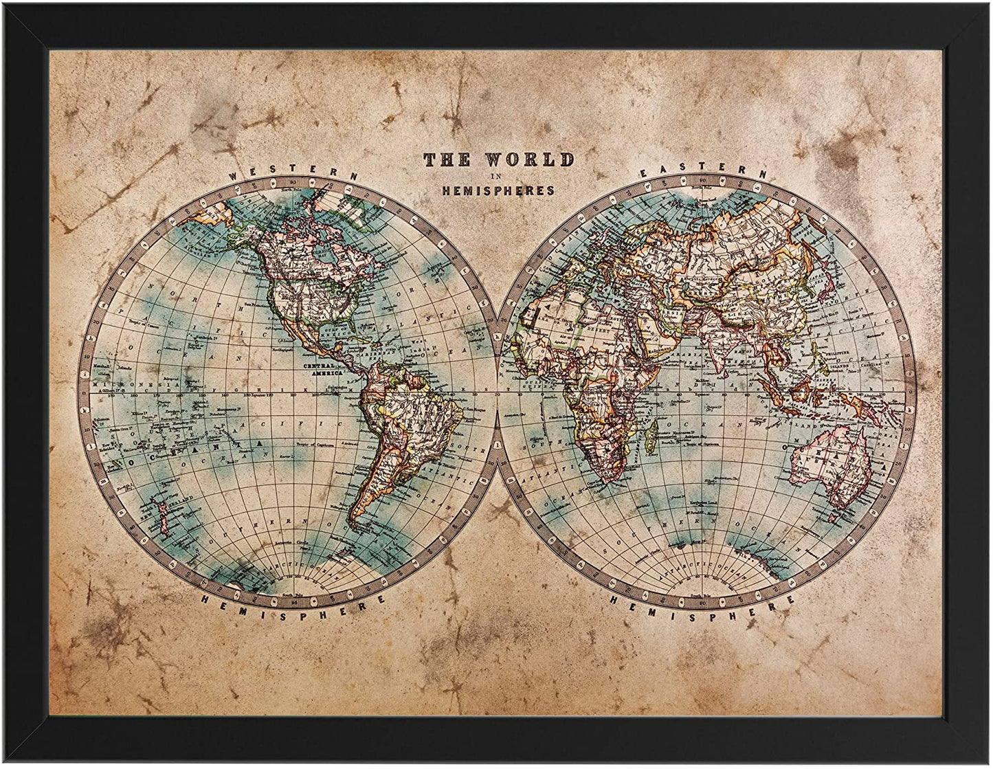 Historische Weltkarte aus der Mitte des 18. Jahrhunderts, schwarz gerahmt 30 cm x 40 cm, Dekoration, Kunstdruck, Wandbild, Worldmap, Vintage, Retro, Wandposter (Schwarz gerahmt 30 cm x 40 cm)