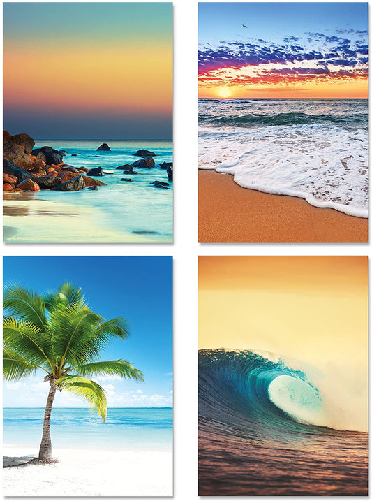 PICSonPAPER Poster 4er-Set TRAUMSTRÄNDE & Meer, ungerahmt DIN A4, Kunstdruck, Poster, Dekoration, Wandbild, Geschenk, Strand, Palme, Meer