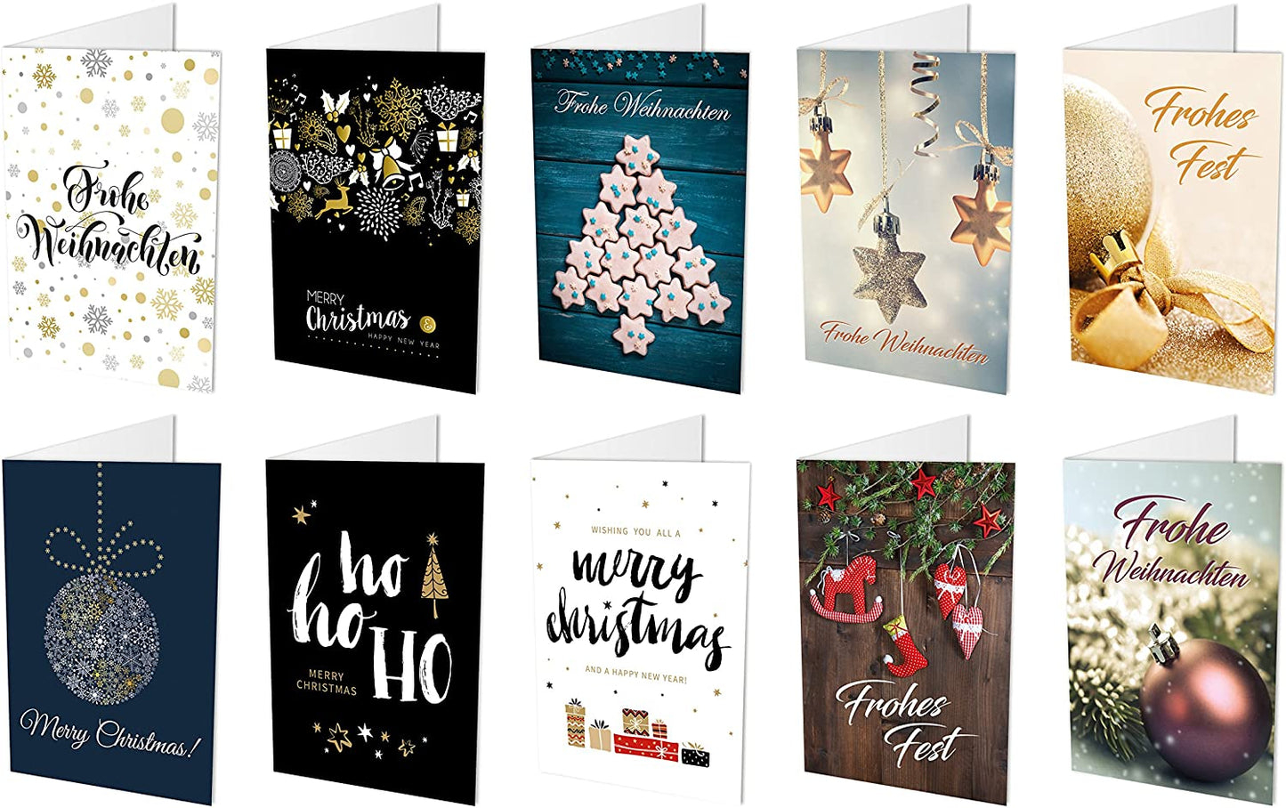 10/20 Weihnachtskarten (10 unterschiedliche Motive) + 10/20 hochwertige, haftklebende Umschläge, Frohe Weihnachten, Frohes Fest, Merry Christmas