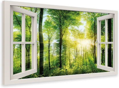 PICSonPAPER Leinwandbild Fensterblick zum Wald, 100 cm x 70 cm, Dekoration, Kunstdruck, Wandbild, Geschenk, Leinwand Natur