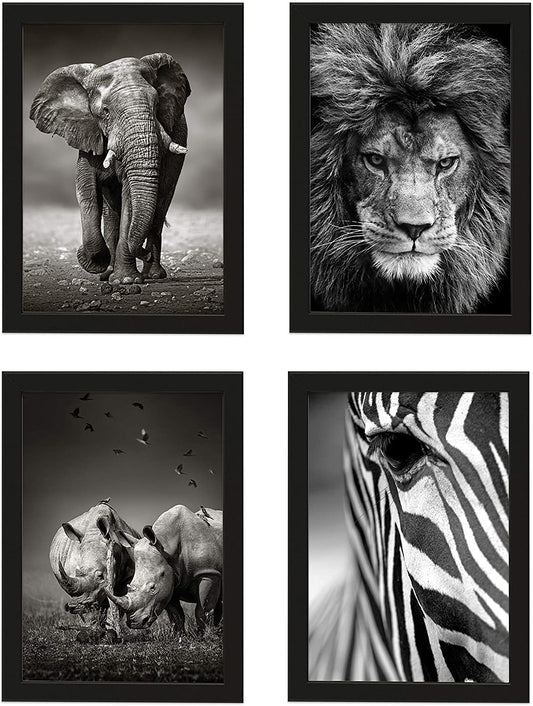 PICSonPAPER Poster 4er-Set Wildlife, Dekoration fürs Wohnzimmer oder Büro, Dekoposter, Kunsstdruck, Wandbild, Elefant, Löwe, Nashorn, Zebra, monochrom, Geschenk