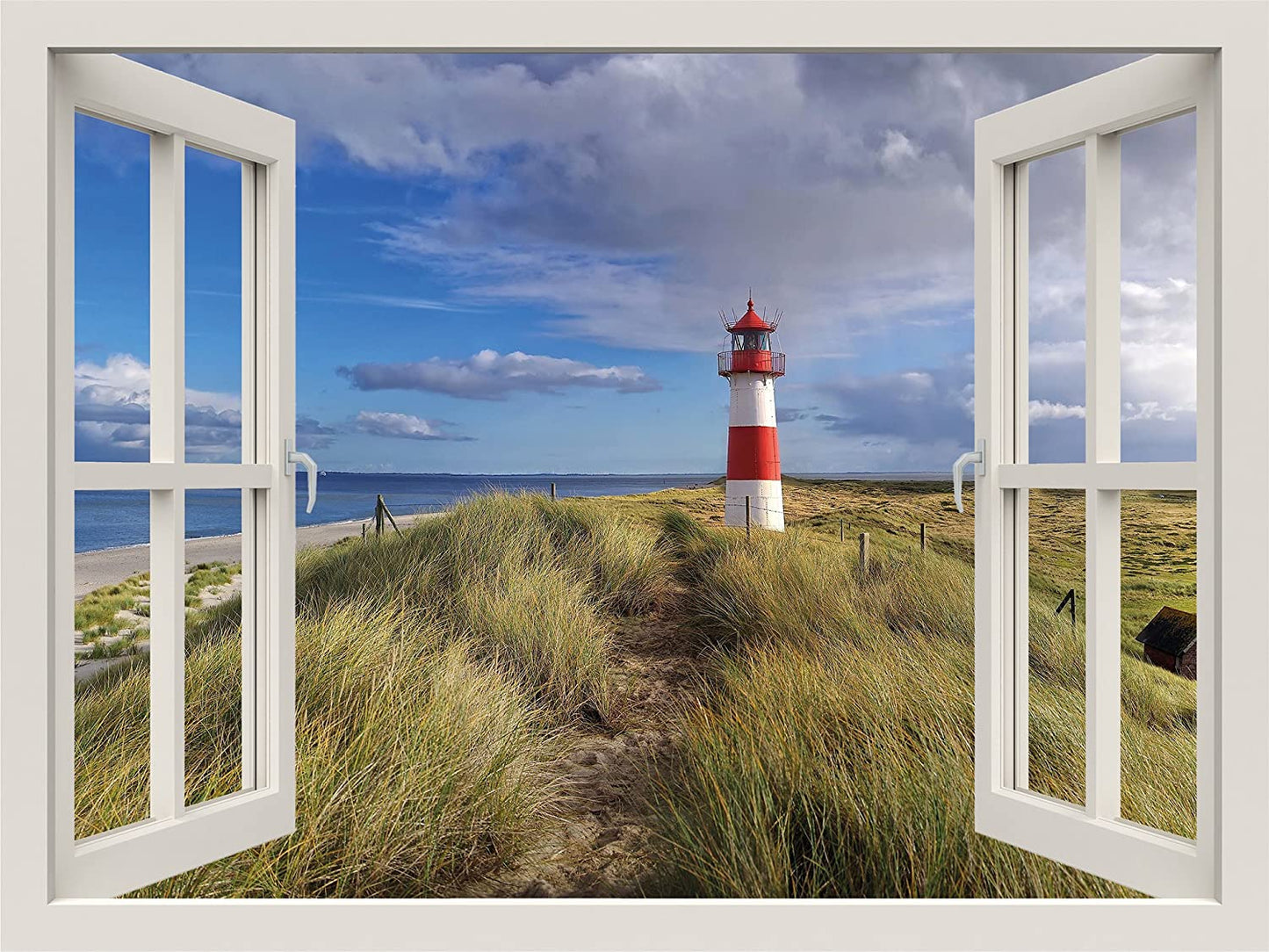 PICSonPAPER Leinwandbild Fenster zum Leuchtturm Nordsee, 40 cm x 30 cm, Dekoration, Kunstdruck, Wandbild, Geschenk, Leinwand Natur, Nordsee