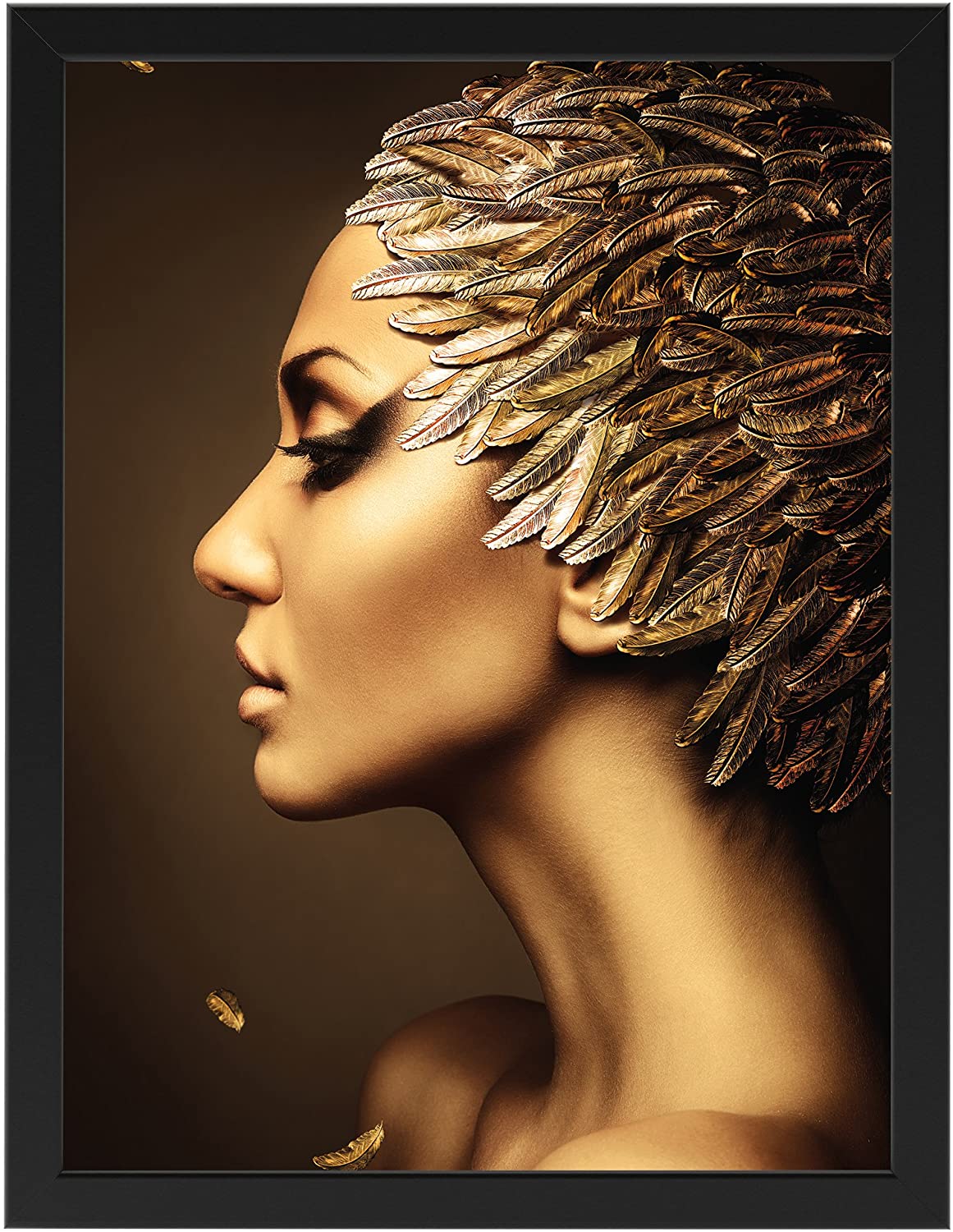 PICSonPAPER Poster Beautiful Woman with golden Feather hat, schwarz gerahmt 30 cm x 40 cm, Dekoration, Kunstdruck, Wandbild, Fineartprint, Wandposter, Poster mit Rahmen