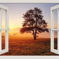 PICSonPAPER Leinwandbild Fenster Sonnenaufgang Baum Feld, 40 cm x 30 cm, Dekoration, Kunstdruck, Wandbild, Geschenk, Leinwand Natur