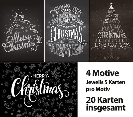 Weihnachtskarten-Set mit 20 Stück Weihnachtspostkarten, 4 Motive jeweils 5 Postkarten, Grußkarten Schwarz/Weiss, Kreide-Typographie, Merry Christmas