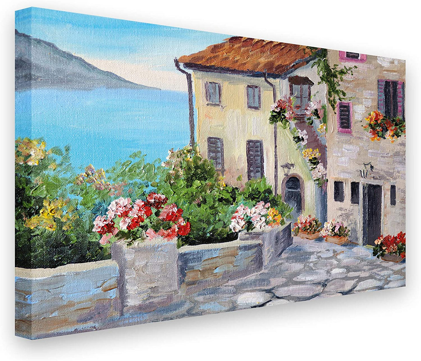 PICSonPAPER Leinwandbild Ölbild Haus am Meer, 70 cm x 50 cm, Dekoration, Kunstdruck, Wandbild, Leinwand, Frankreich, Provence, Blumen