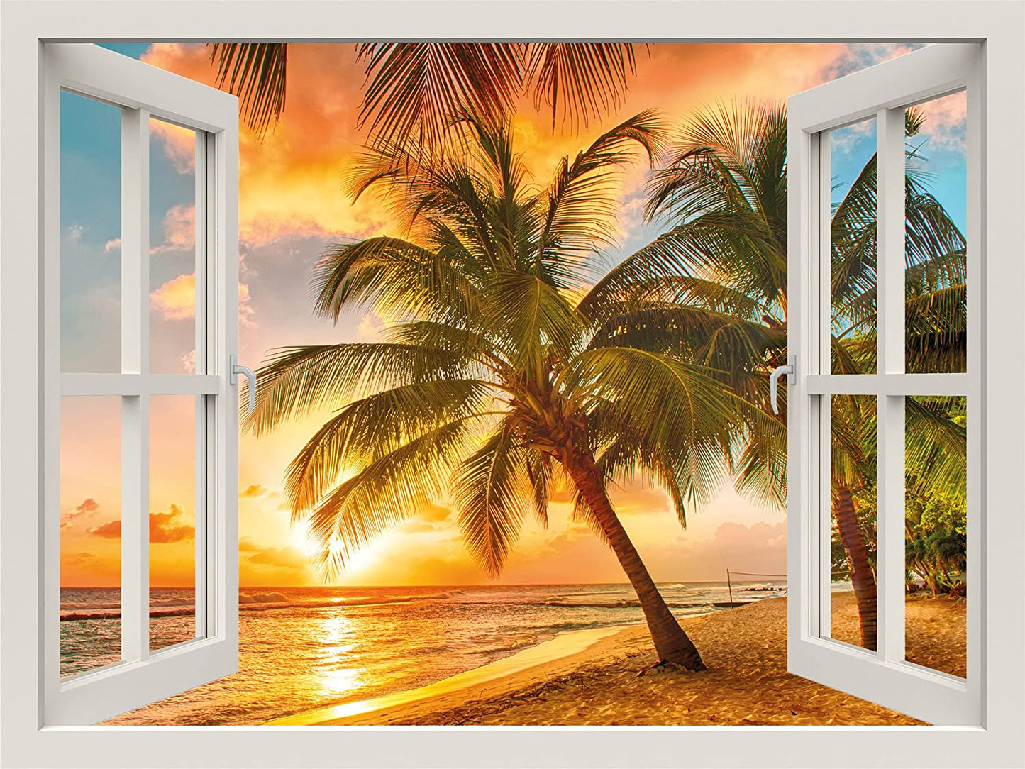 PICSonPAPER Leinwandbild Fenster zum Traumstrand, 40 cm x 30 cm, Dekoration, Kunstdruck, Wandbild, Geschenk, Leinwand Natur, Meer, Strand, Sonne, Palmen