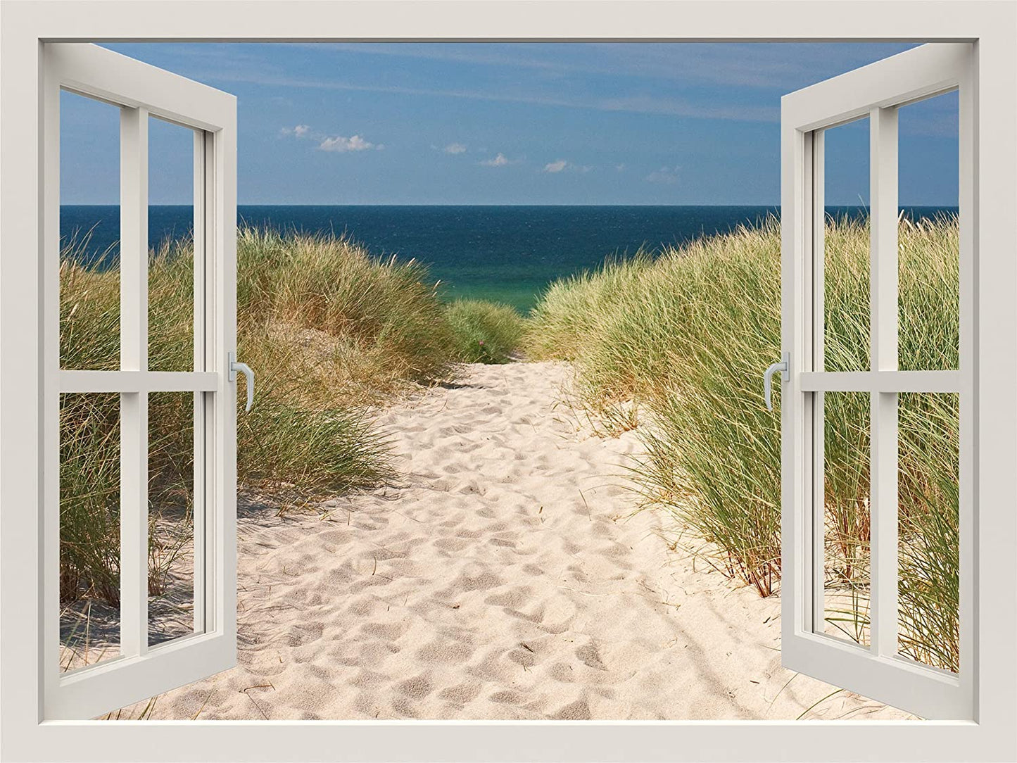 PICSonPAPER Leinwandbild Fensterblick zum Strand, 70 cm x 50 cm, Dekoration, Kunstdruck, Wandbild, Geschenk, Leinwand Natur, Nordsee