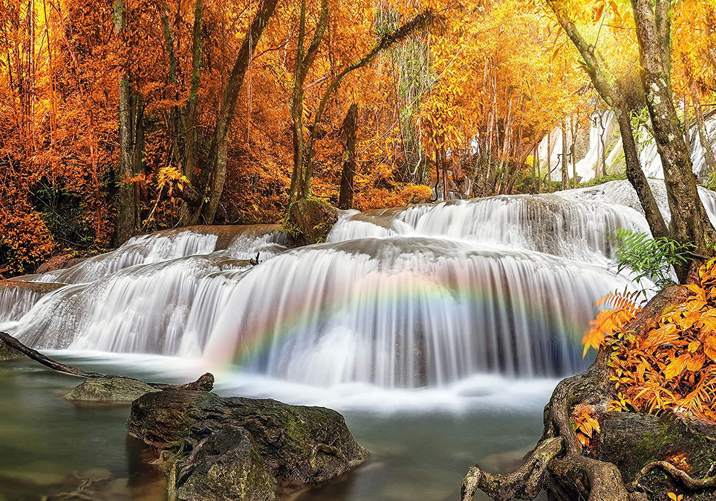 PICSonPAPER Poster Wasserfall im Herbstwald, 100 cm breit x 70 cm hoch, Natur, Wald, Bäume, Thailand, PHA Tat Waterfall, Regenbogen
