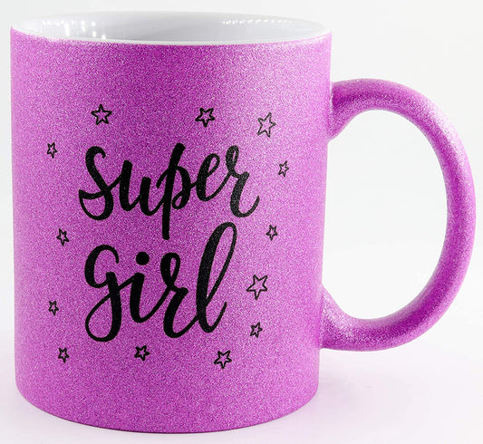 Lila Glitzeratasse mit Spruch Supergirl, Kaffeetasse, Keramiktasse, Sparkle, Glitzer, Purple