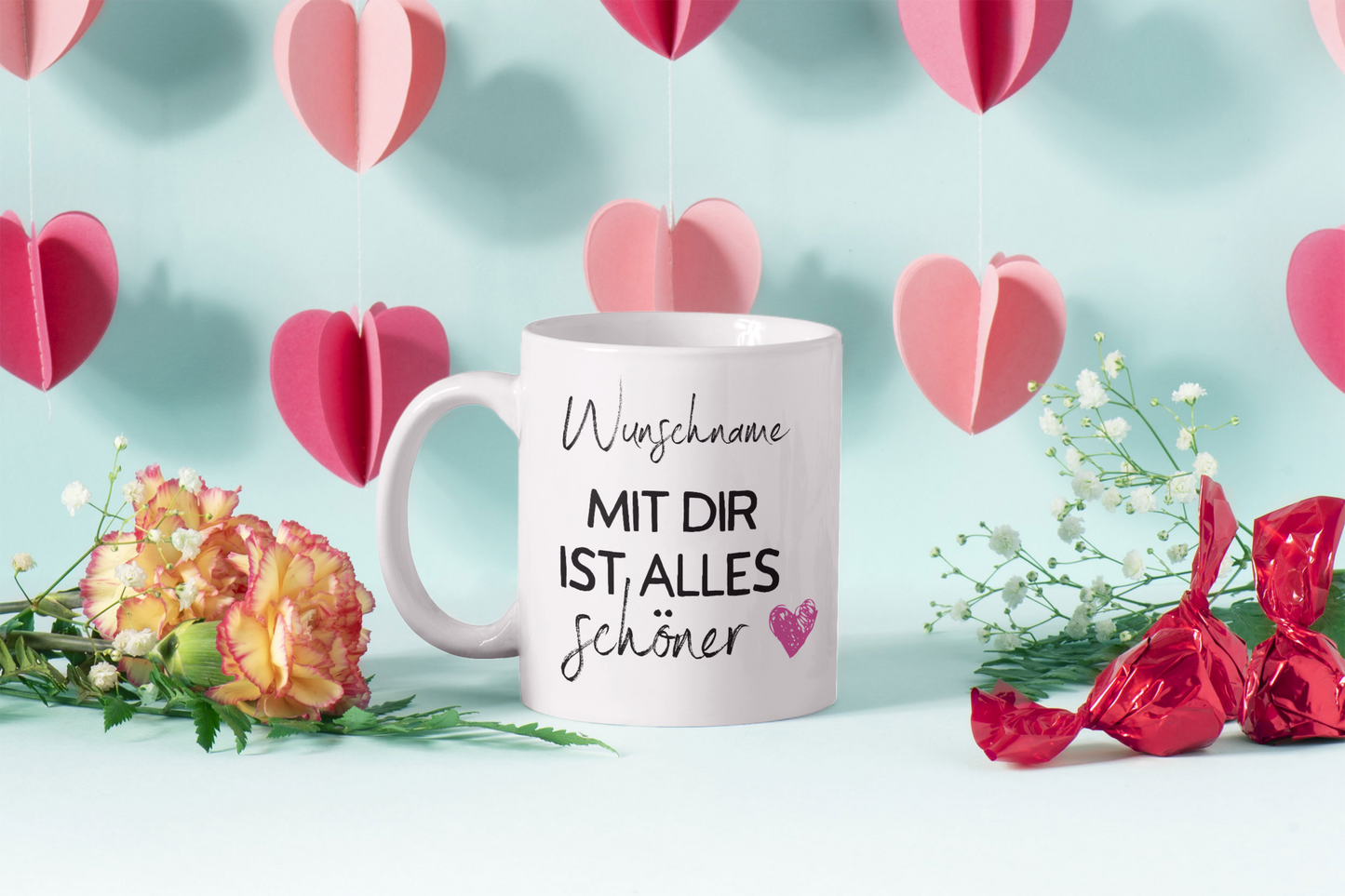 Tasse personalisiert mit Namen, Wunschname mit Dir ist alles schöner, Valentinstagsgeschenk für Sie und Ihn