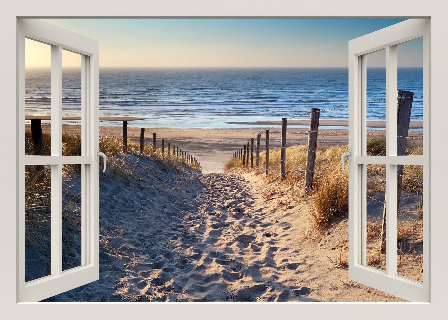 Leinwandbild Fensterblick zum Nordsee-Strand, 70 cm x 50 cm, Dekoration, Kunstdruck, Wandbild