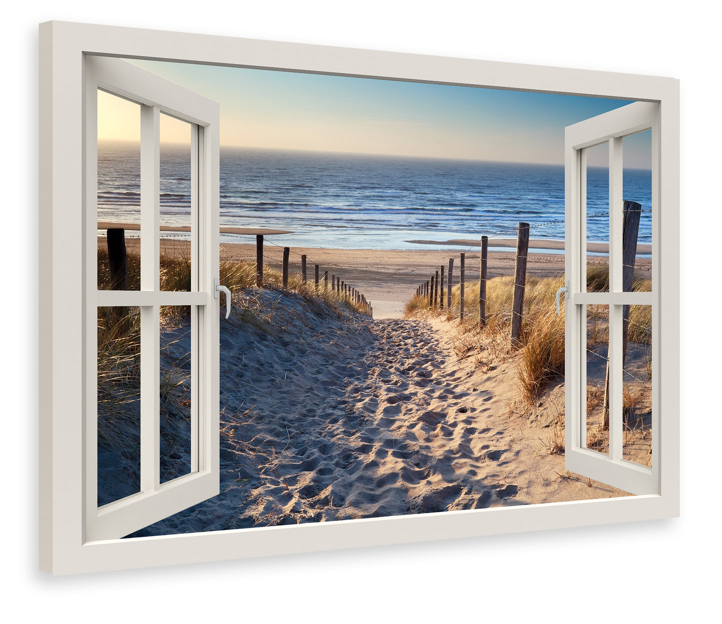 Leinwandbild Fensterblick zum Nordsee-Strand, 70 cm x 50 cm, Dekoration, Kunstdruck, Wandbild